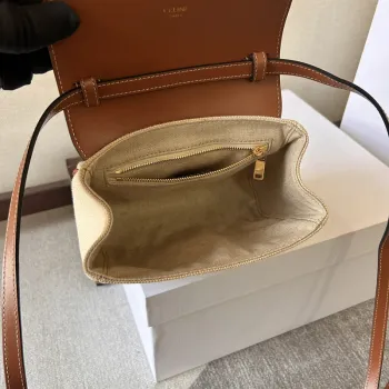 Stylish Celine Beige Canvas And Brown Leather Crossbody Bag For Fashion Lovers size:18×12×6cm #A54347