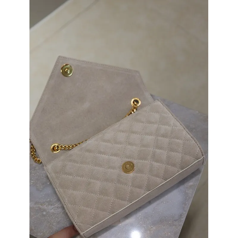 SAINT LAURENT Cassandra Envelope Crossbody Bag Set – Tan Leather-Suede & Black Velvet with Gold YSL Logo (Detachable Chain Strap) #A58774