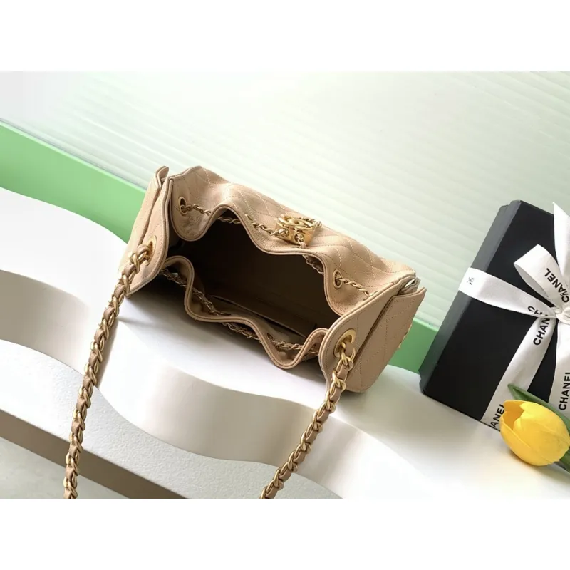 Chanel Hobo Shoulder Bag  Hippie Style Vintage Gold Coin Button Drawstring Bucket Bag #A59440