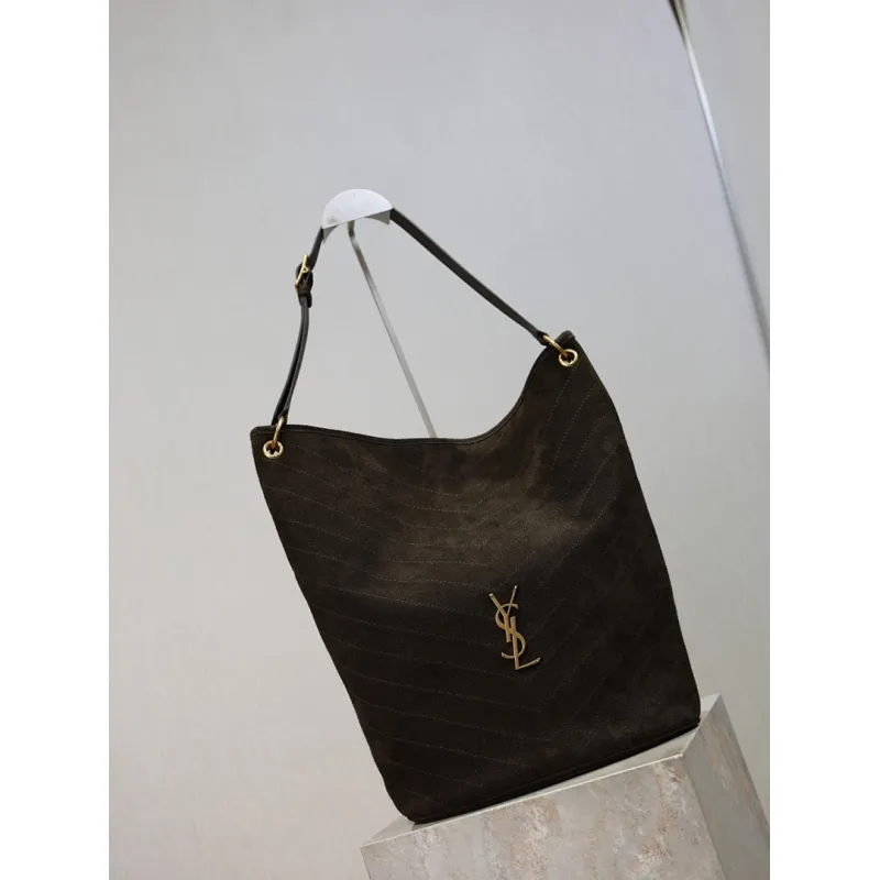 Saint Laurent 844346 Niki Series Suede Bucket Bag - Dark Brown with LE CASSANDRE Logo #A59503 Saint Laurent 844346 Niki Series Suede Bucket Bag - Dark Brown with LE CASSANDRE Logo #A59503