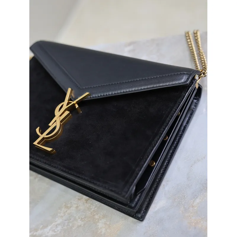 SAINT LAURENT Cassandra Envelope Crossbody Bag Set – Tan Leather-Suede & Black Velvet with Gold YSL Logo (Detachable Chain Strap) #A58773
