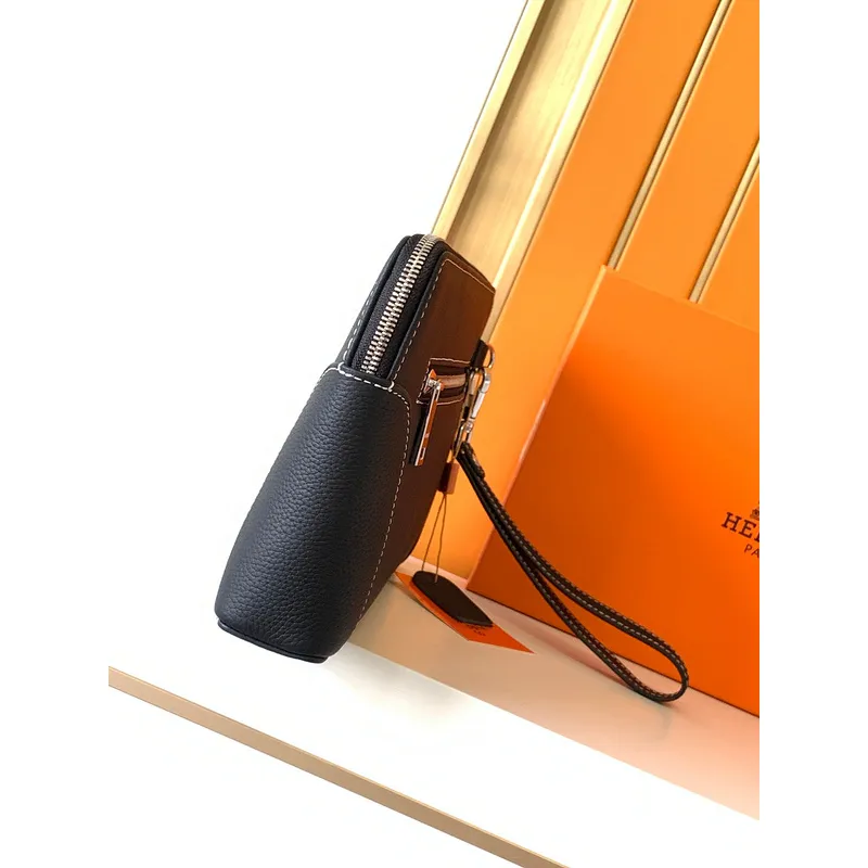 Hermès Leather Zip - Around Wristlet Clutches In Brown And Black With Branded Detailing #A50707