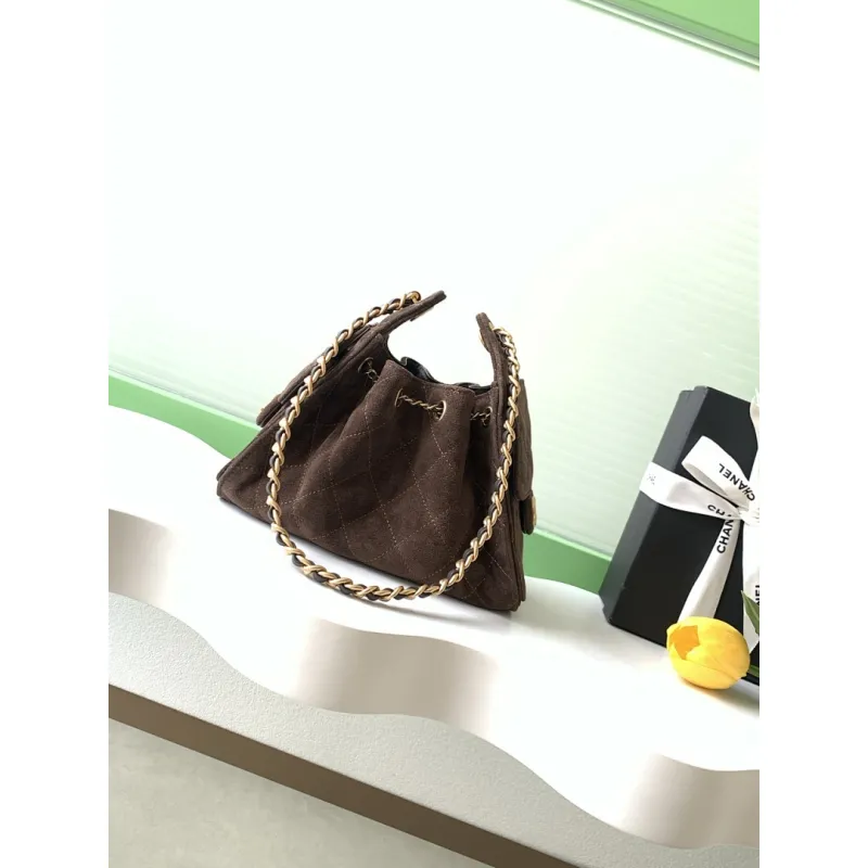 Chanel Mini Suede Bucket Bag  Retro Coin Button  Drawstring  Quilted  Classic Chain #A60143