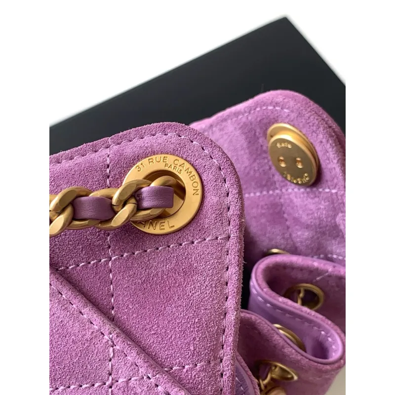 Chanel Mini Suede Bucket Bag  Retro Coin Button  Drawstring  Quilted  Classic Chain #A60143