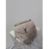 SAINT LAURENT Loulou Fringe Medium Shoulder Bag – Dusty Beige Suede with Chevron Quilt & Gold YSL Logo (Convertible Chain Strap) #A58779