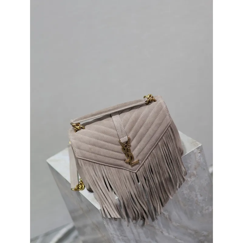 SAINT LAURENT Loulou Fringe Medium Shoulder Bag – Dusty Beige Suede with Chevron Quilt & Gold YSL Logo (Convertible Chain Strap) #A58779