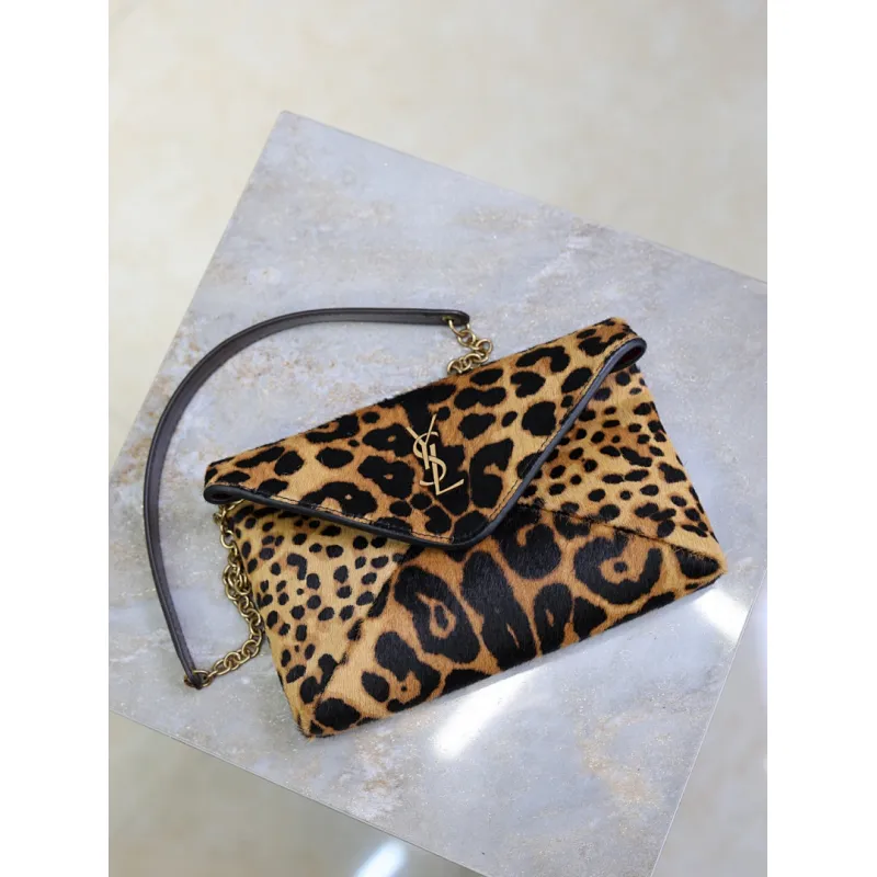 SAINT LAURENT Cassandra Envelope Crossbody Clutch – Leopard-Print Haircalf with Gold YSL Logo (Detachable Chain Strap) #A58783