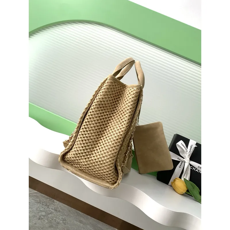 Chanel Woven Tote Textured Raffia Signature Logo &amp Chain Embracing Summer Elegance size38 #A54203