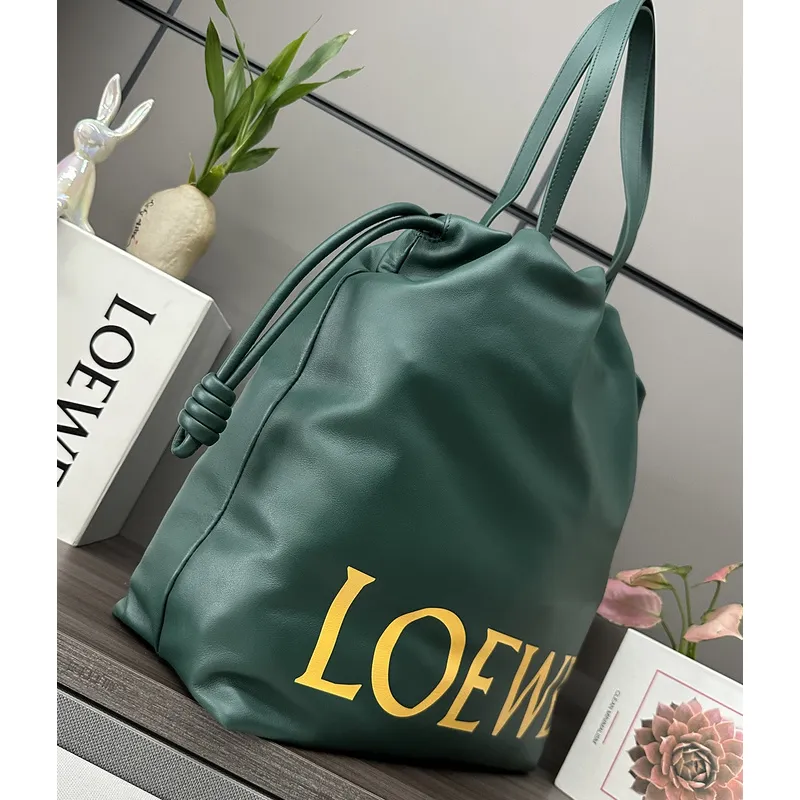 Loewe Green Leather Drawstring Tote Bag With Bold Branding For Chic Everyday Use #A50065