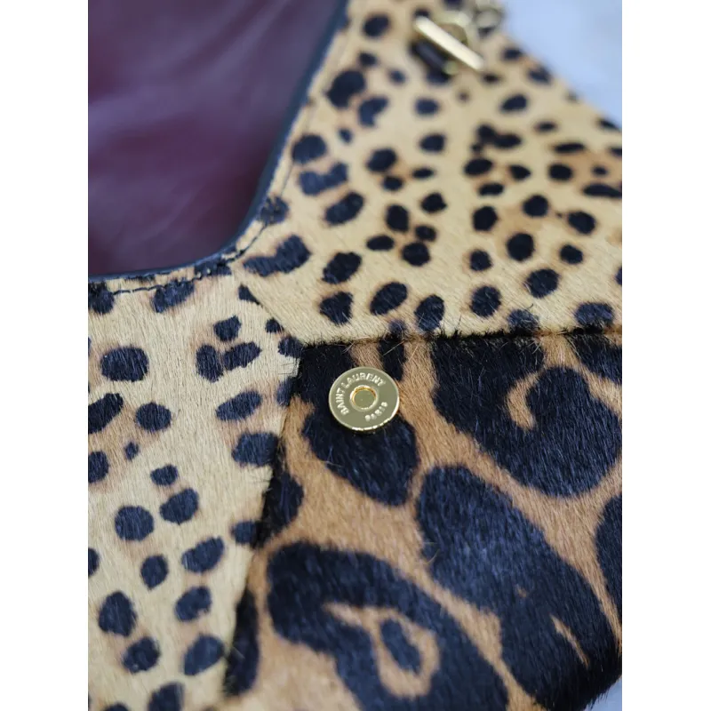 SAINT LAURENT Cassandra Envelope Crossbody Clutch – Leopard-Print Haircalf with Gold YSL Logo (Detachable Chain Strap) #A58783