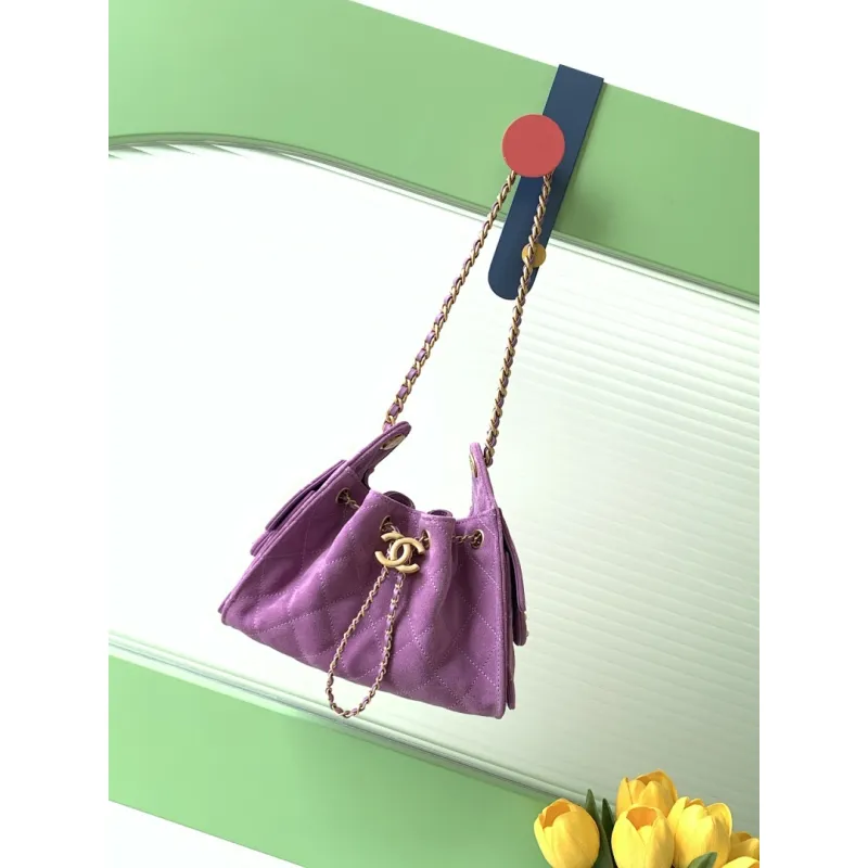 Chanel Mini Suede Bucket Bag  Retro Coin Button  Drawstring  Quilted  Classic Chain #A60143