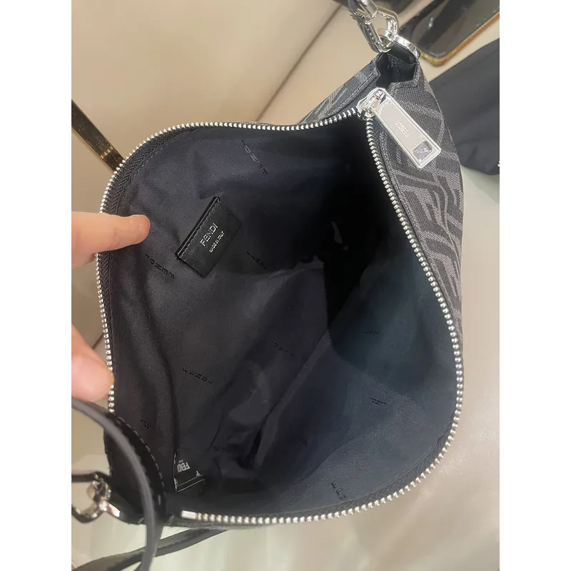 Fendi Brown And Beige FF Logo Jacquard Fabric Shoulder Bag With Leather Trims size:34×22 #A54307 Fendi Brown And Beige FF Logo Jacquard Fabric Shoulder Bag With Leather Trims size:34×22 #A54307