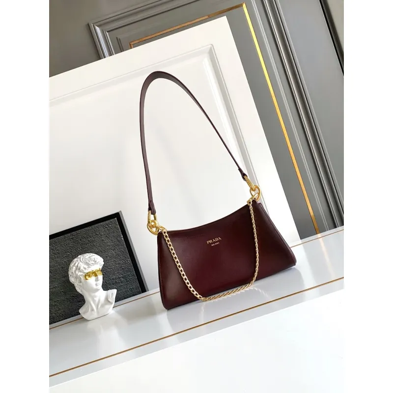 Prada Cleo Shoulder Bag (4 Colors) – Brown/Navy/Black/White Saffiano Leather with Gold-Tone Chain Strap #A59176