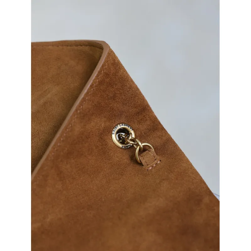 SAINT LAURENT Cassandra Large Envelope Shoulder Bag – Tan Suede with Gold YSL Logo (Detachable Chain Strap) #A58782
