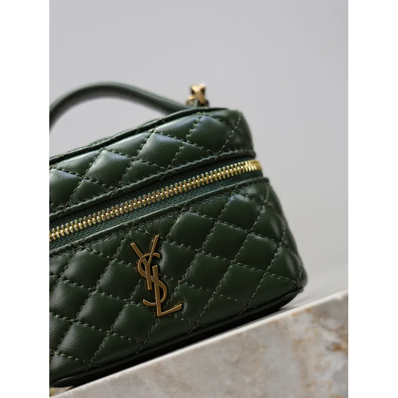 Saint Laurent 819285 GABY Mini Chain Cosmetic Bag - Dark Green Quilted Leather with Detachable Strap #A59505