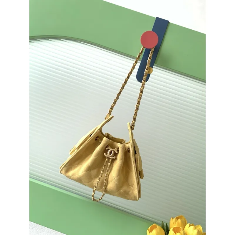 Chanel Mini Suede Bucket Bag  Retro Coin Button  Drawstring  Quilted  Classic Chain #A60143