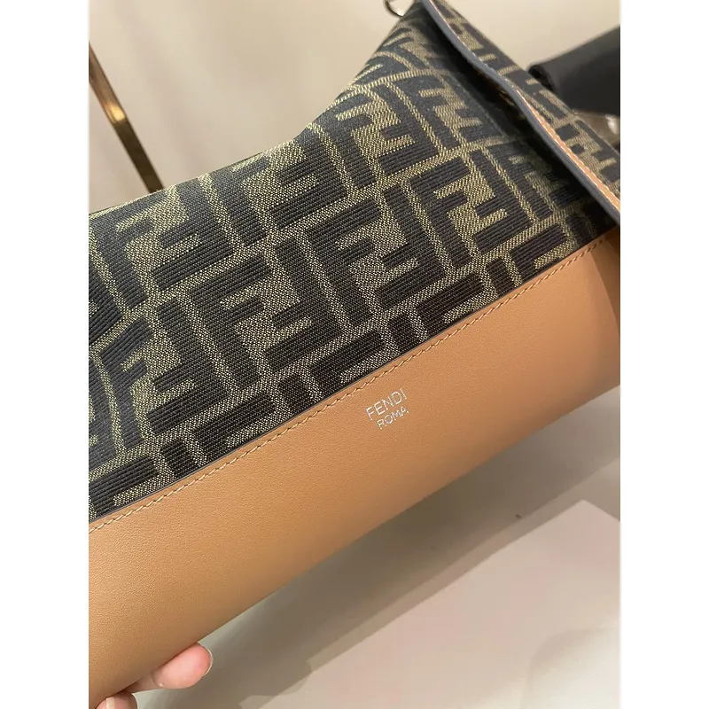Fendi Brown And Beige FF Logo Jacquard Fabric Shoulder Bag With Leather Trims size:34×22 #A54307 Fendi Brown And Beige FF Logo Jacquard Fabric Shoulder Bag With Leather Trims size:34×22 #A54307