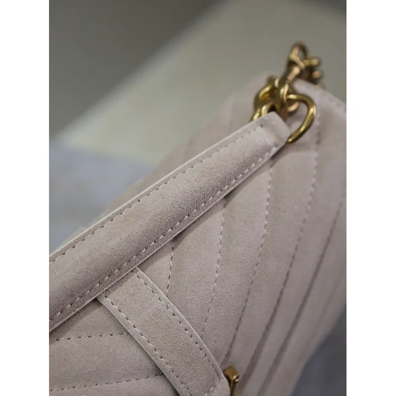 SAINT LAURENT Loulou Small Envelope Crossbody Bag – Blush Suede with Chevron Quilt & Gold YSL Logo (Detachable Chain Strap) #A58780 SAINT LAURENT Loulou Small Envelope Crossbody Bag – Blush Suede with Chevron Quilt & Gold YSL Logo (Detachable Chain Strap) #A58780