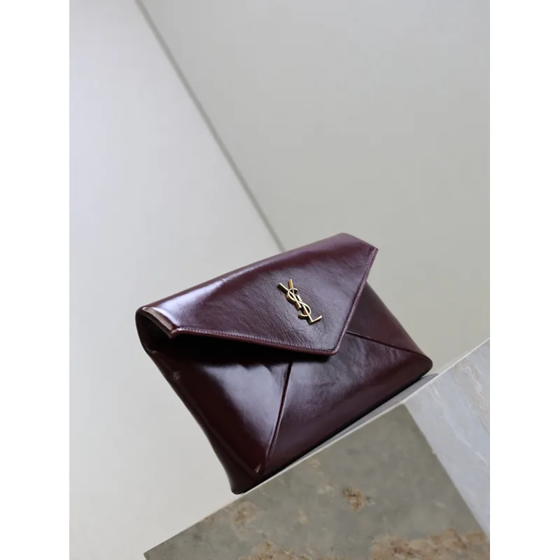 SAINT LAURENT Cassandra Envelope Clutch – Burgundy Smooth Leather with Gold YSL Logo (Detachable Chain Strap) #A58784