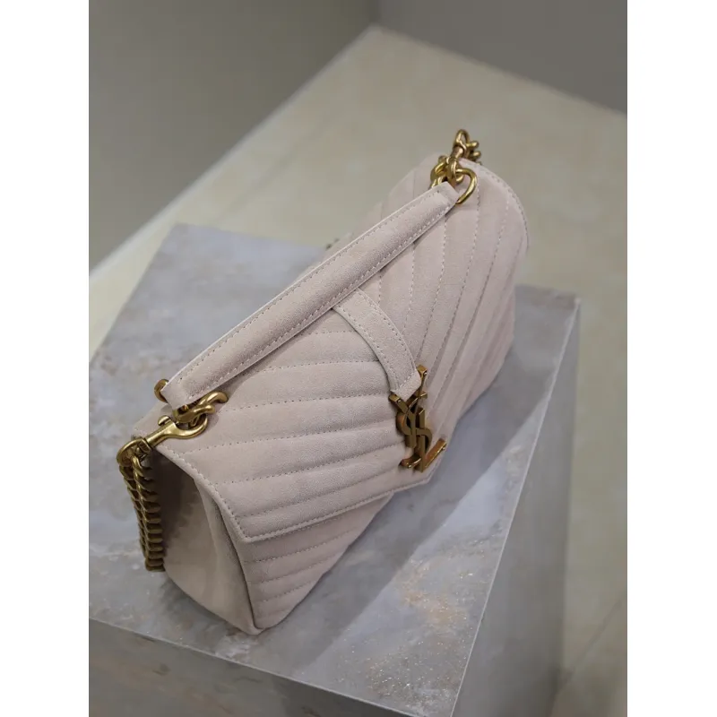SAINT LAURENT Loulou Small Envelope Crossbody Bag – Blush Suede with Chevron Quilt & Gold YSL Logo (Detachable Chain Strap) #A58780 SAINT LAURENT Loulou Small Envelope Crossbody Bag – Blush Suede with Chevron Quilt & Gold YSL Logo (Detachable Chain Strap) #A58780