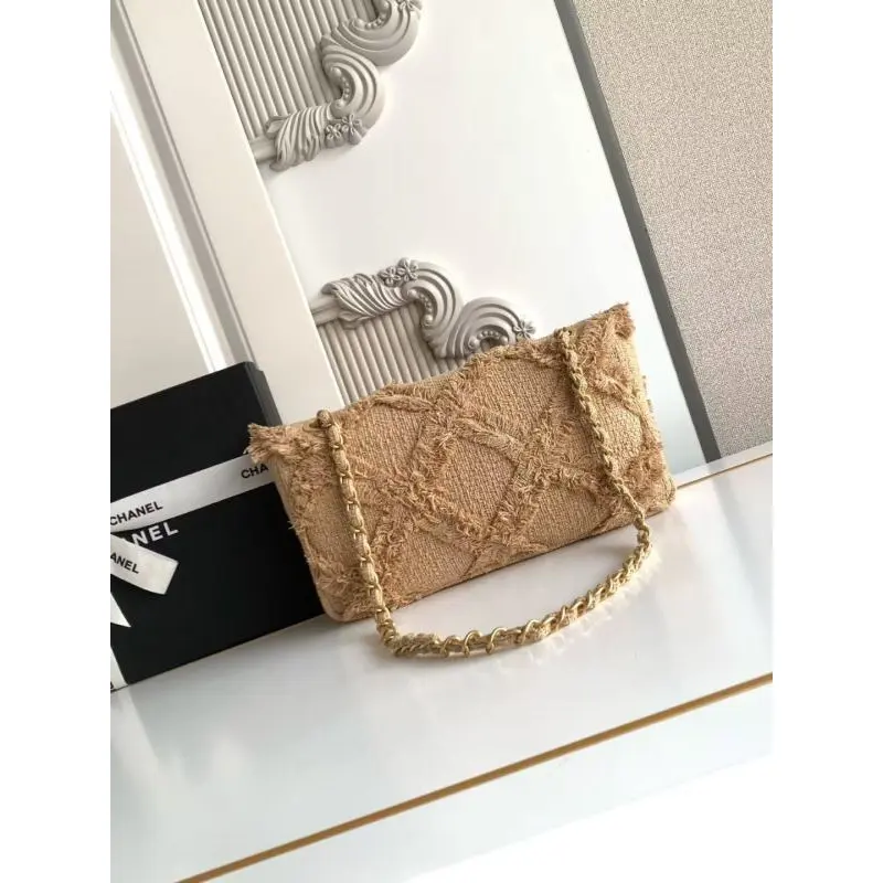 Chanel Womens Evening Bag - Beige Textured Fabric with Fringe Details, Gold-Tone CC Logo & Chain Strap, Luxury Clutch for Elegant Occasions #A56743