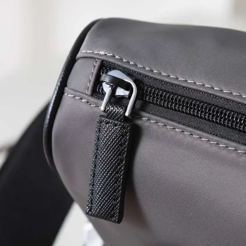 Prada Mens Dark Gray Re-Nylon Crossbody Messenger Bag with Detachable Pouch – Iconic Triangle Logo Adjustable Strap #A58757