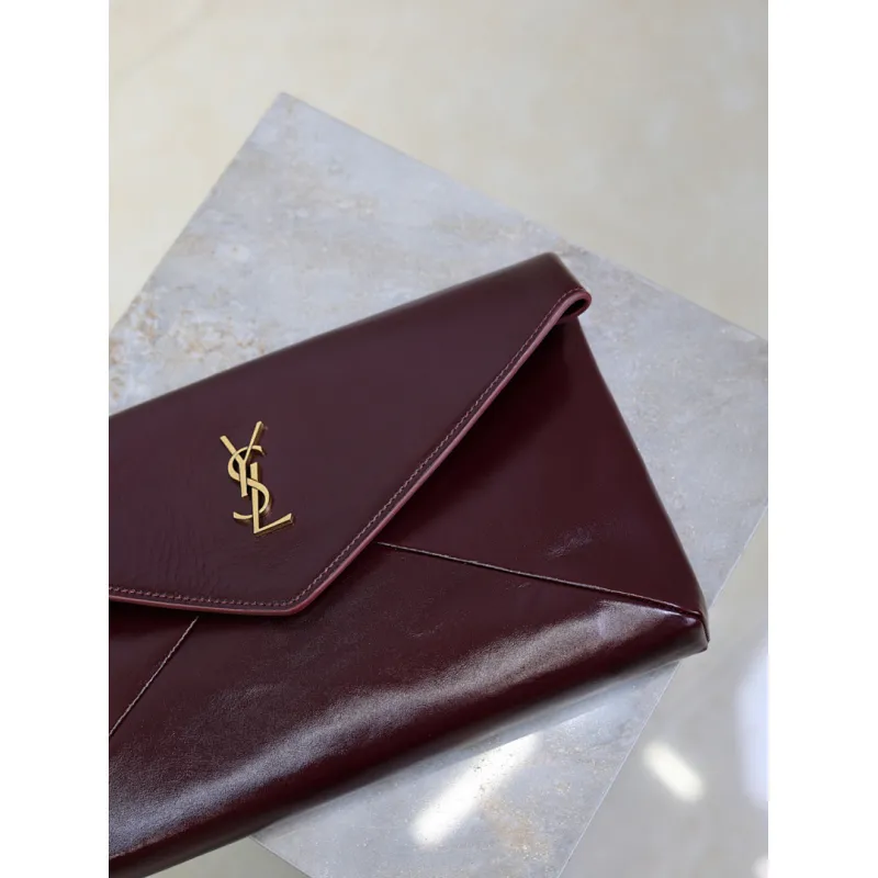 SAINT LAURENT Cassandra Envelope Clutch – Burgundy Smooth Leather with Gold YSL Logo (Detachable Chain Strap) #A58784