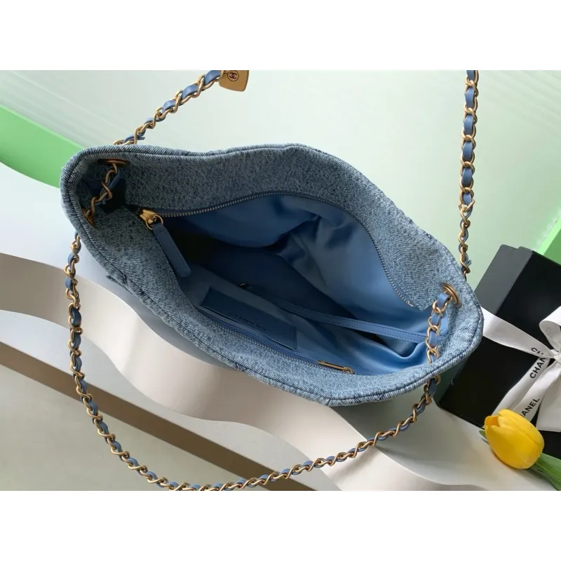 Chanel Womens Denim Shoulder Bag - Quilted Design, Gold-Tone CC Logo & Chain Strap, Stylish Denim Flap Bag with Functional Pockets for Luxury Fashion #A56742