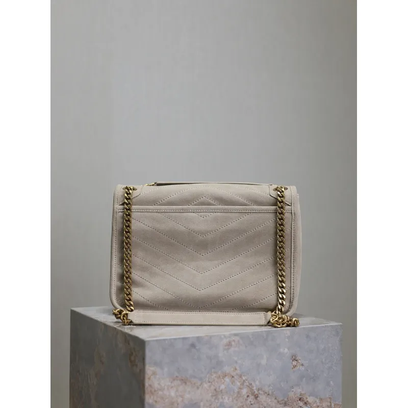 SAINT LAURENT Loulou Medium Shoulder Bag – Light Beige Suede with Chevron Quilt & Tone-On-Tone YSL Logo (Convertible Chain Strap) #A58775