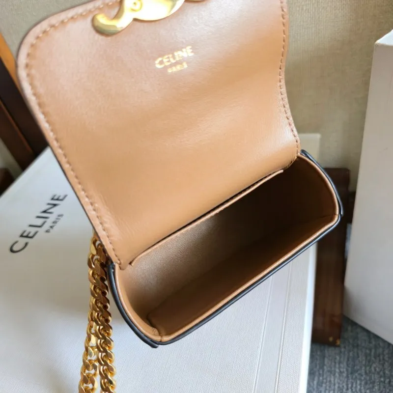 Celine Womens Mini Crossbody Bag - Tan Suede Leather, Gold-Tone Triomphe Logo Chain Strap, Luxury Compact Shoulder Bag for Fashion Enthusiasts #A56846