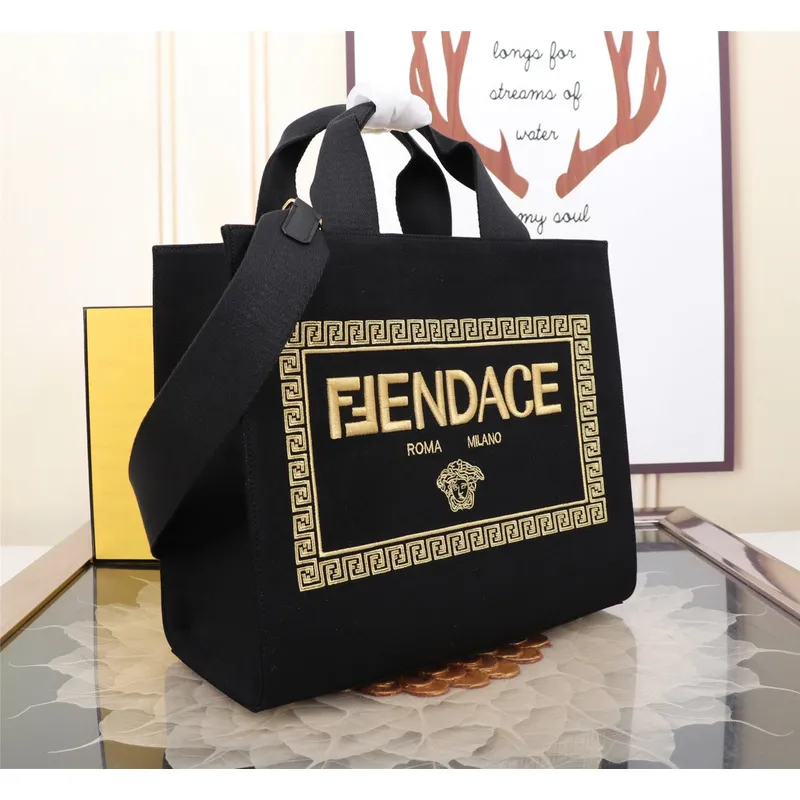 Replica Fendi Tote Textured Canvas Gold Logo Greek Key Bag Epitomizing Timeless Luxury size:35×17×31cm #A54202
