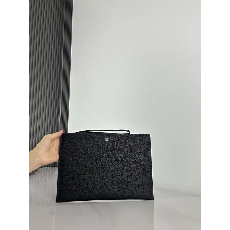 Fendi Pouch Sleek Black Leather Minimalist Logo Redefining Timeless Elegance size:30×20cm #A54204 Fendi Pouch Sleek Black Leather Minimalist Logo Redefining Timeless Elegance size:30×20cm #A54204