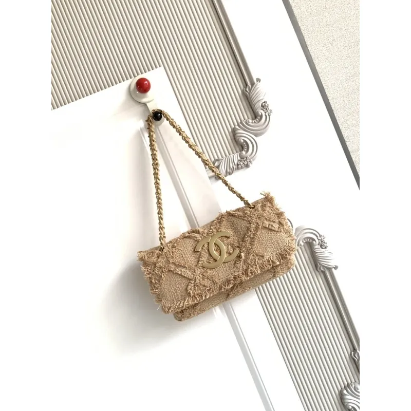 Chanel Womens Evening Bag - Beige Textured Fabric with Fringe Details, Gold-Tone CC Logo & Chain Strap, Luxury Clutch for Elegant Occasions #A56743