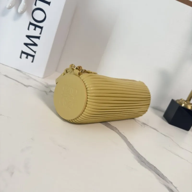 Loewe Womens Cylinder Shoulder Bag - Yellow Pleated Leather, Gold-Tone Hardware, Adjustable Strap, Stylish Barrel Bag with Anagram Logo #A56849