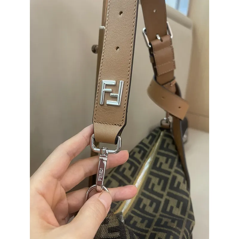 Fendi Brown And Beige FF Logo Jacquard Fabric Shoulder Bag With Leather Trims size:34×22 #A54307 Fendi Brown And Beige FF Logo Jacquard Fabric Shoulder Bag With Leather Trims size:34×22 #A54307