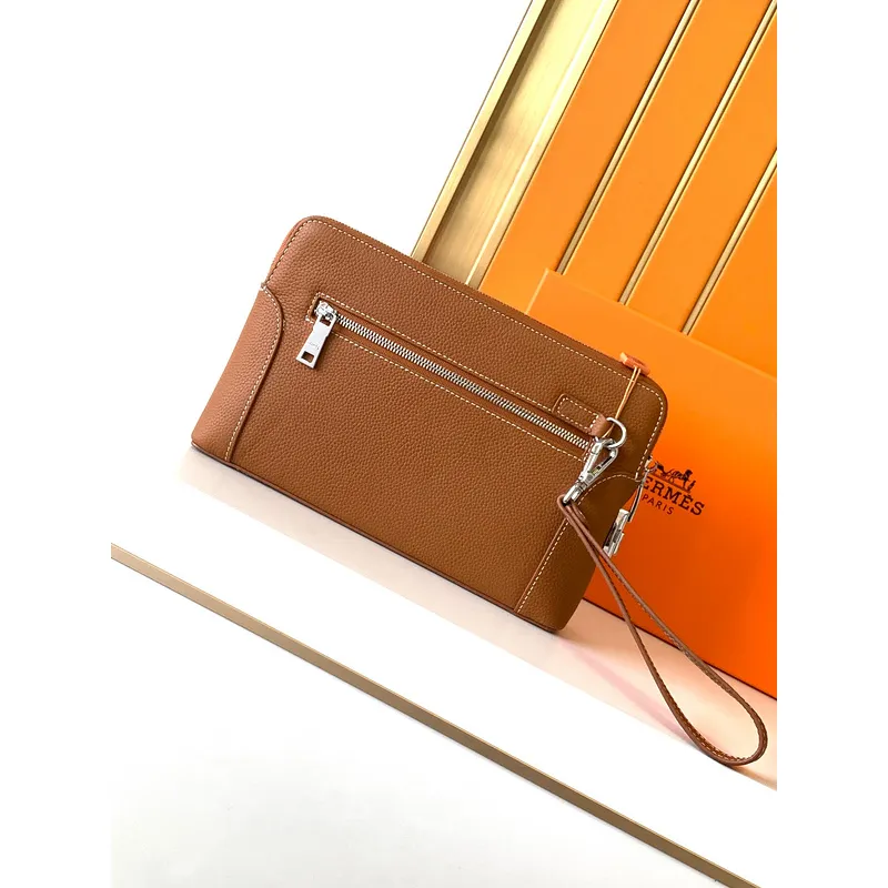 Hermès Leather Zip - Around Wristlet Clutches In Brown And Black With Branded Detailing #A50707