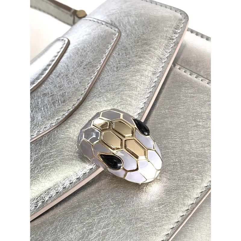 Bvlgari Serpenti Metallic Silver Top Handle Bag With Iconic Motif #A51653