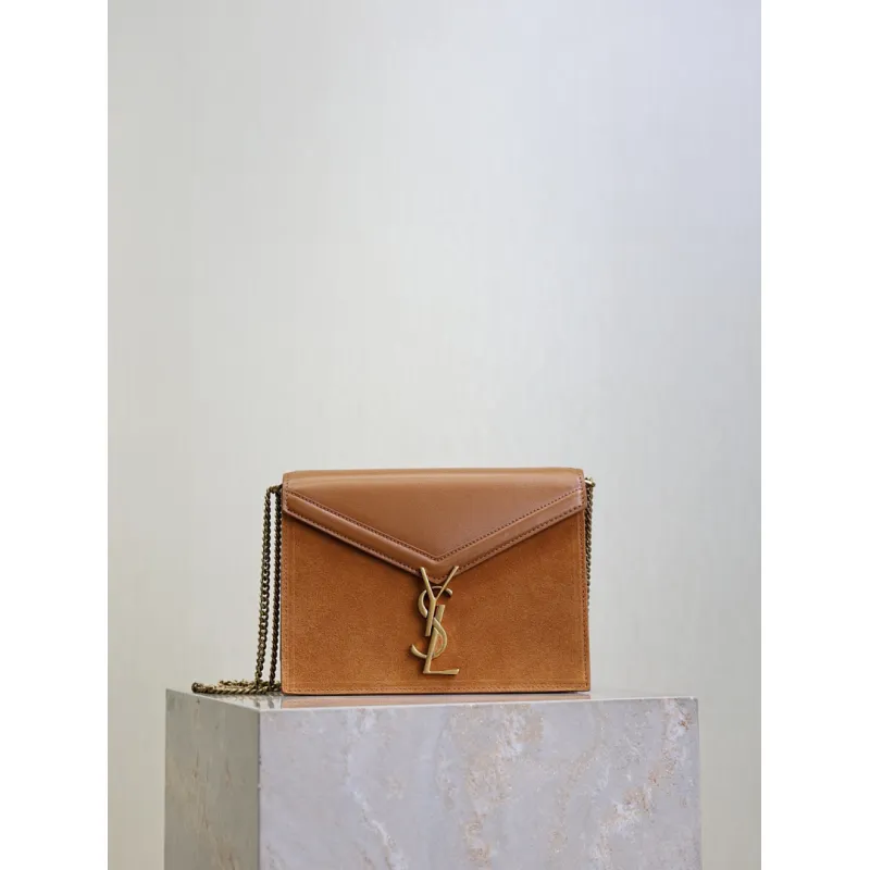 SAINT LAURENT Cassandra Envelope Crossbody Bag Set – Tan Leather-Suede & Black Velvet with Gold YSL Logo (Detachable Chain Strap) #A58773