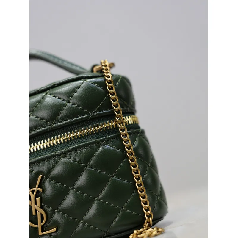 Saint Laurent 819285 GABY Mini Chain Cosmetic Bag - Dark Green Quilted Leather with Detachable Strap #A59505