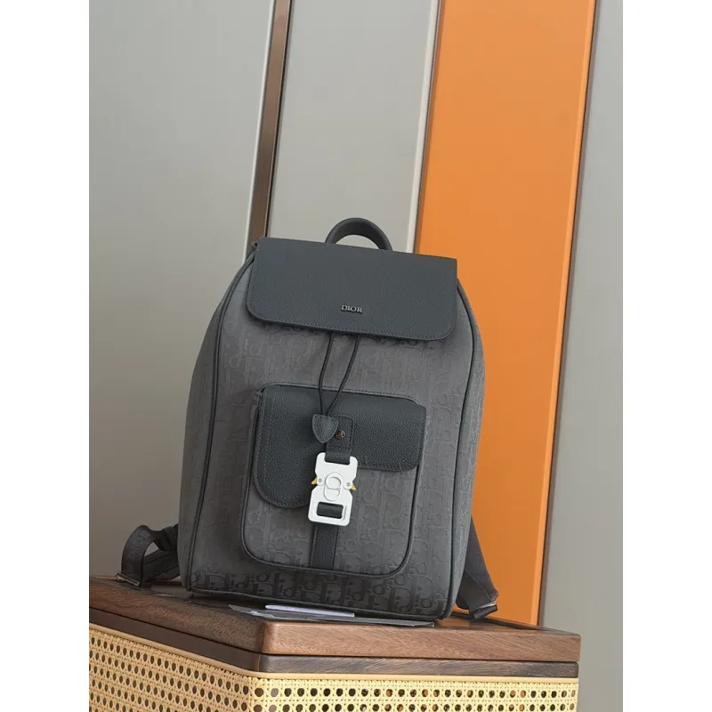 D-ior Hit the Road Backpack with Flap – Anthracite Gray Oblique Jacquard & Grained Calfskin  #A59161