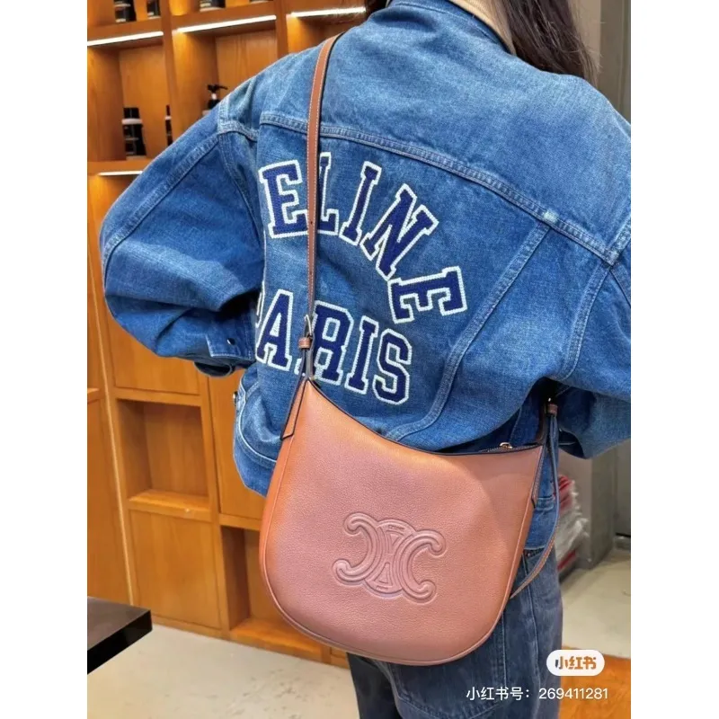 Celine Ava Hobo Bag - Beige Leather, Embossed Triomphe Logo, Elegant Shoulder Bag for Women, Luxury Fashion Accessory #A56756