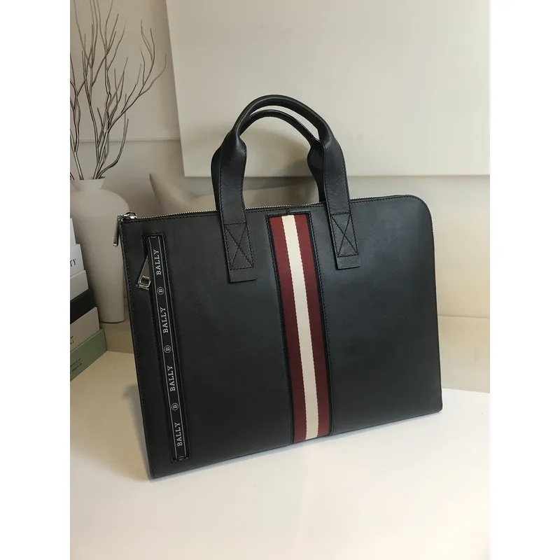 Bally Black Leather Briefcase With Iconic Stripe For Sophisticated Business Style #A51672 Bally Black Leather Briefcase With Iconic Stripe For Sophisticated Business Style #A51672