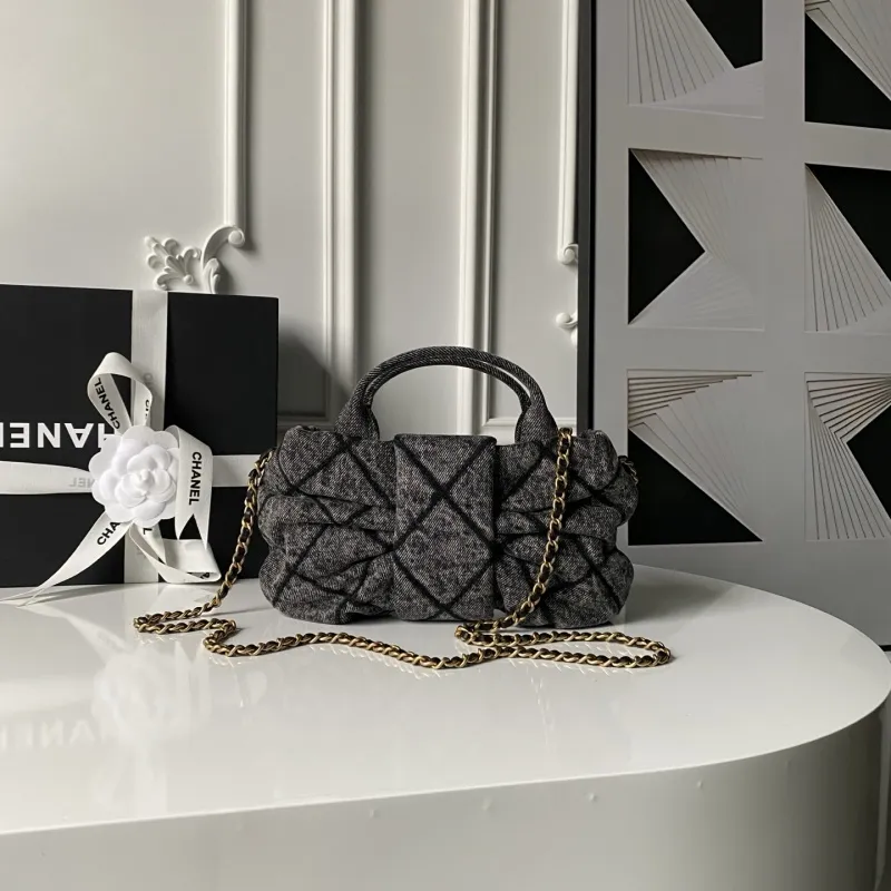 Chanel Womens Top Handle Bag - Gray Textured Fabric with Quilted Design, Gold-Tone CC Logo & Chain Strap, Luxurious Handbag for Fashion-Forward Style #A56746