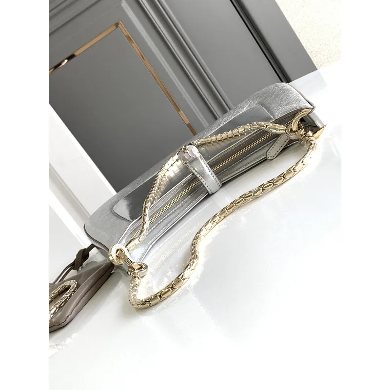 Bvlgari Serpenti Metallic Silver Handbag With Iconic Chain Strap #A51657