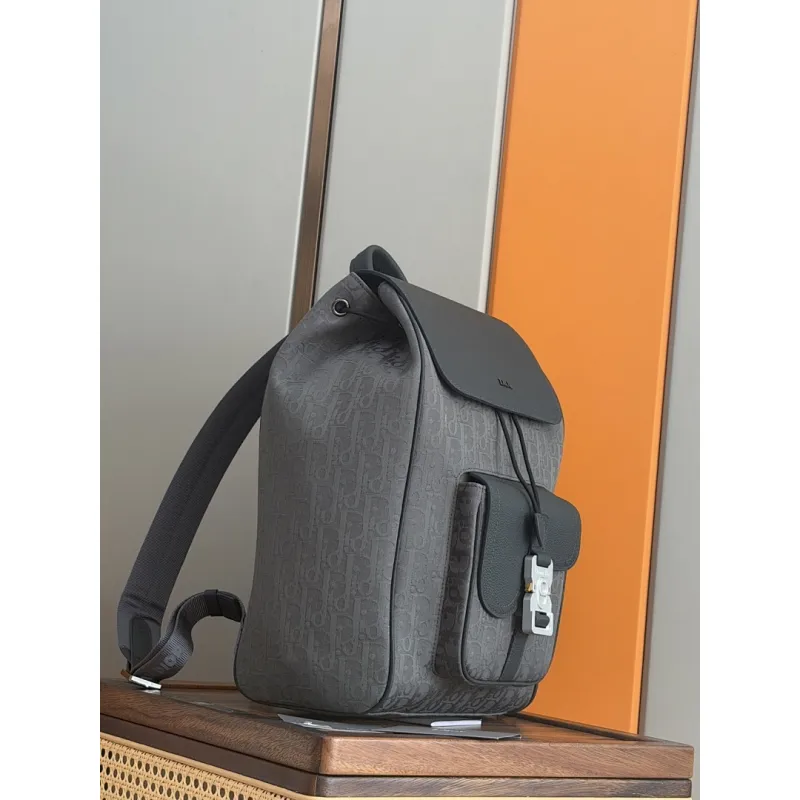 D-ior Hit the Road Backpack with Flap – Anthracite Gray Oblique Jacquard & Grained Calfskin  #A59161