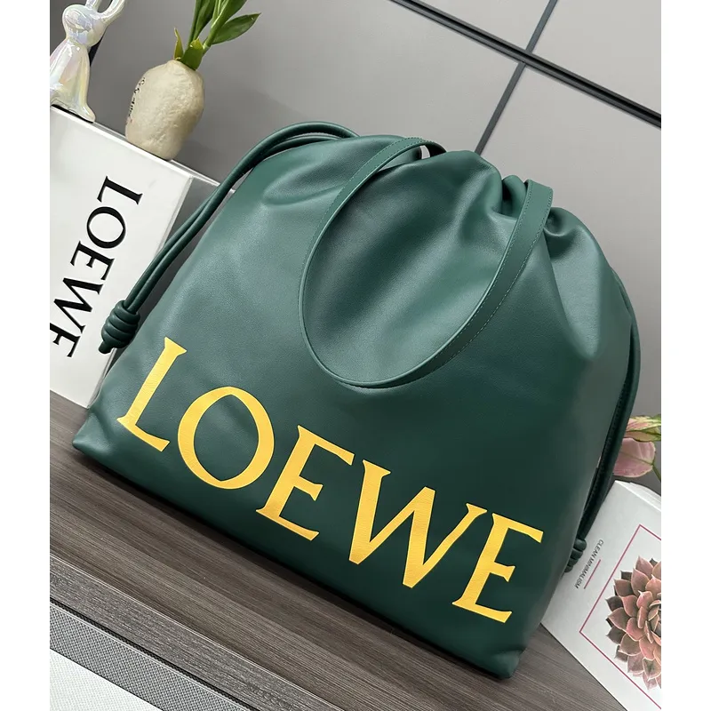 Loewe Green Leather Drawstring Tote Bag With Bold Branding For Chic Everyday Use #A50065