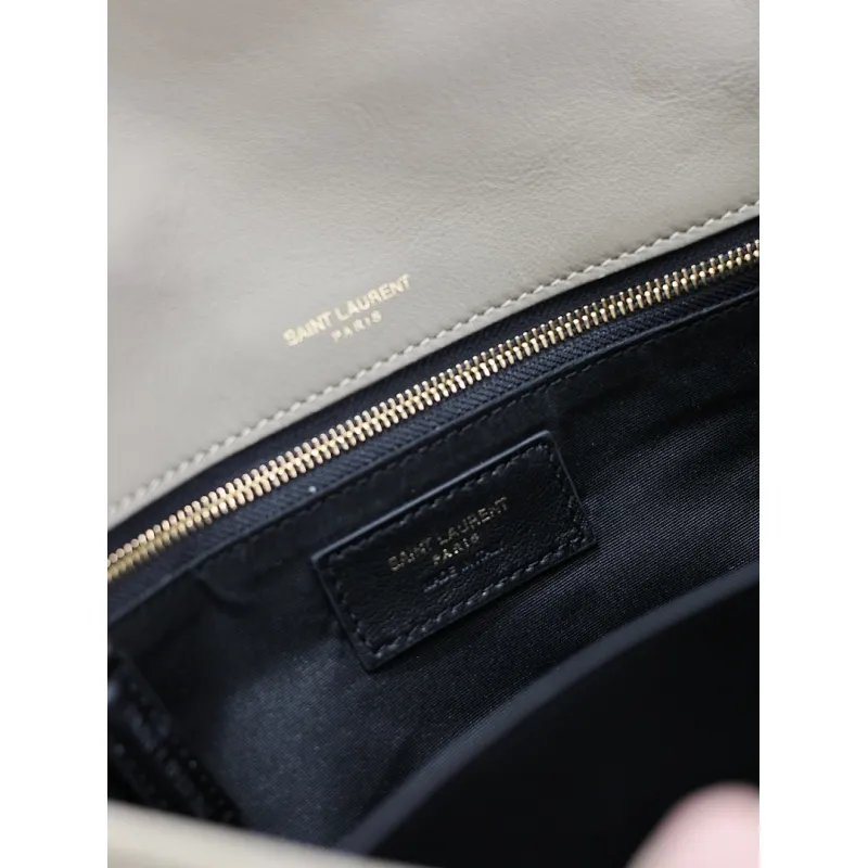 SAINT LAURENT Loulou Medium Shoulder Bag – Light Beige Suede with Chevron Quilt & Tone-On-Tone YSL Logo (Convertible Chain Strap) #A58775