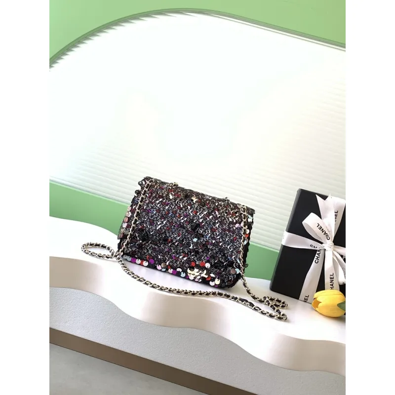 2026 Chanel SO BLACK Sequin Bag Sparkly Double C  Edgy  Cool Perfect for Fall Winter #A60145