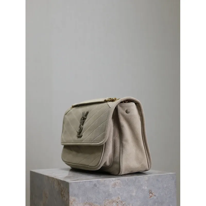 SAINT LAURENT Loulou Medium Shoulder Bag – Light Beige Suede with Chevron Quilt & Tone-On-Tone YSL Logo (Convertible Chain Strap) #A58775
