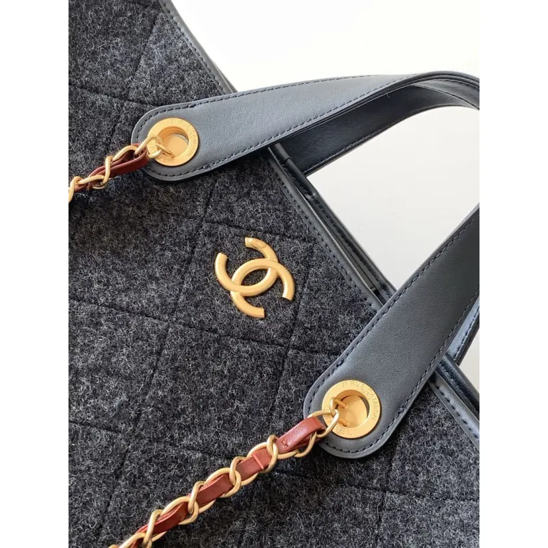 Chanel Black Felt Tote Quilted  Soft Textured  Calfskin Handle Metallic Chain #A60144